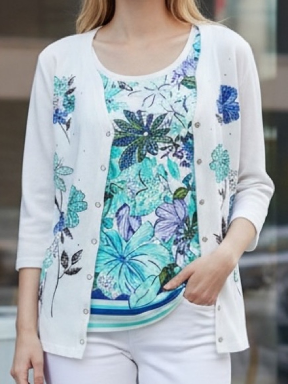 Quacker Factory 2 pc Sweater & Tank Set Aqua & Purple Floral - Bling Rhinestones